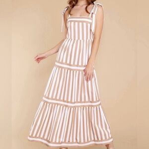 NWT red dress boutique Aura tan and white striped tiered tie straps maxi dress